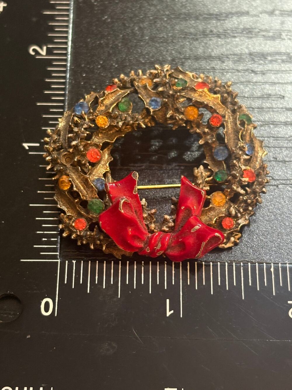 Vintage ART Signed Christmas Wreath Brooch, Rhinestone Pin